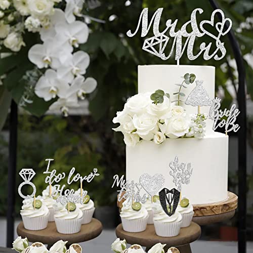 41PCS Wedding Cake Toppers with Mr&Mrs, He Asked She Said Yes, Love Heart, Miss to Mrs, Bride to Be, Diamond Ring, I Do, Wedding Dress and Suits Cupcake Topper Pick for Bride Groom Bridal Party Supply