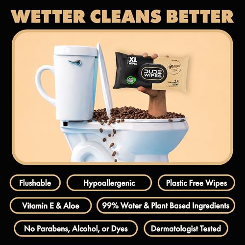 Image of DUDE Wipes Morning Grind Flushable Wipes - Coffee Scented Extra-Large Adult Wet Wipes - 6 Pack (288 Count) - Infused with Coffee Oil, Vitamin E, and Aloe - Septic and Sewer Safe