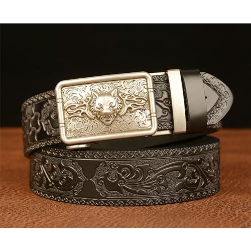 Leather Belt for Men, Mens Belt Ratchet Western Cowboy with Wolf Head Square Alloy Buckle Embossed Belt2