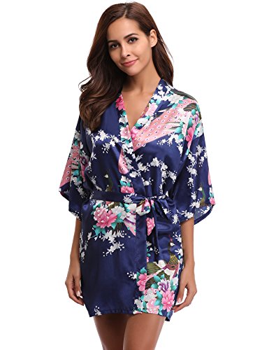 Aibrou Women's Kimono Robe Satin Peacock Bathrobe Short Silk Bridal Robe Dark Blue - Thumbnail 5