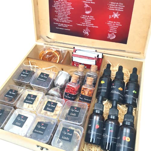 Kit Gin Tônica Tanqueray 750ml +16 Especiaria + Xaropes+ Sache Chá + Dosador + Colher + Caixa de MDF