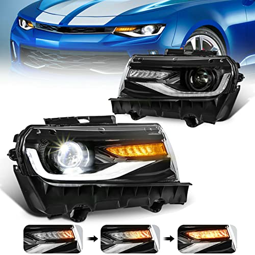 MOSTPLUS Headlight LED Projector Lamp Compatible for 2014 2015 Chevy Chevrolet Camaro 5th Generation w/ swichback sequential indicator,Dual Beam Lens, Full LED & DRL Bars