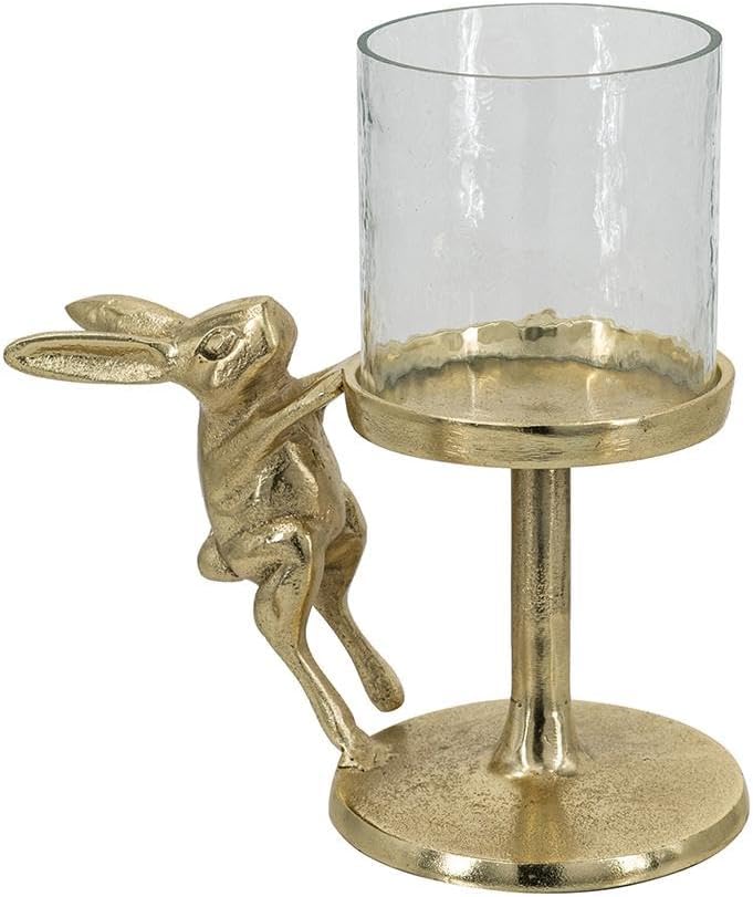 7x4x7.5 Whimsical Gold Aluminum Hurricane Candle Holder with Rabbit Design and Clear Glass Shade - Unique Tabletop Décor