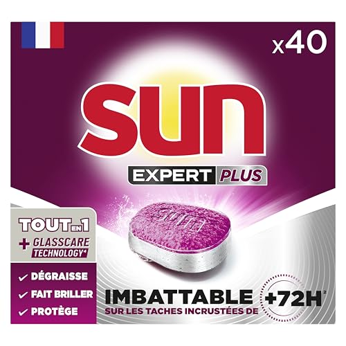 SUN - pastilles lave-vaisselle Tout en 1 Expert Plus - 40 tablettes - regular - imbattable sur les taches incrustées de + de 72h - Fabriqué en France