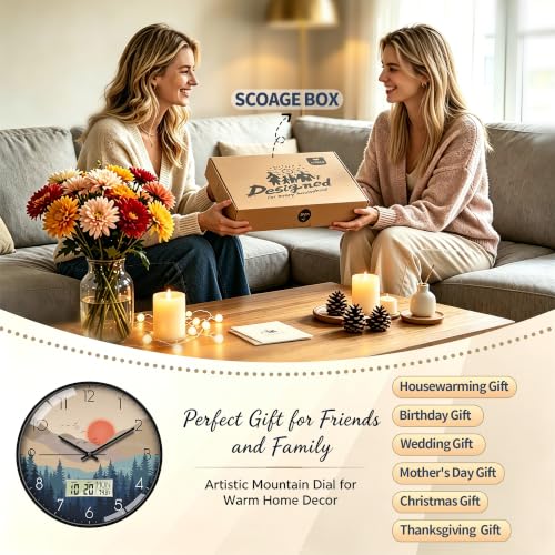 Image of 14 inch Wilderness Sunset Wall Clock, Analog Clock with Digital Display | Silent Non-Ticking, Battery Operated, Shows Date Day & Temperature, Decorative for Living Room, Bedroom, Kitchen, Office