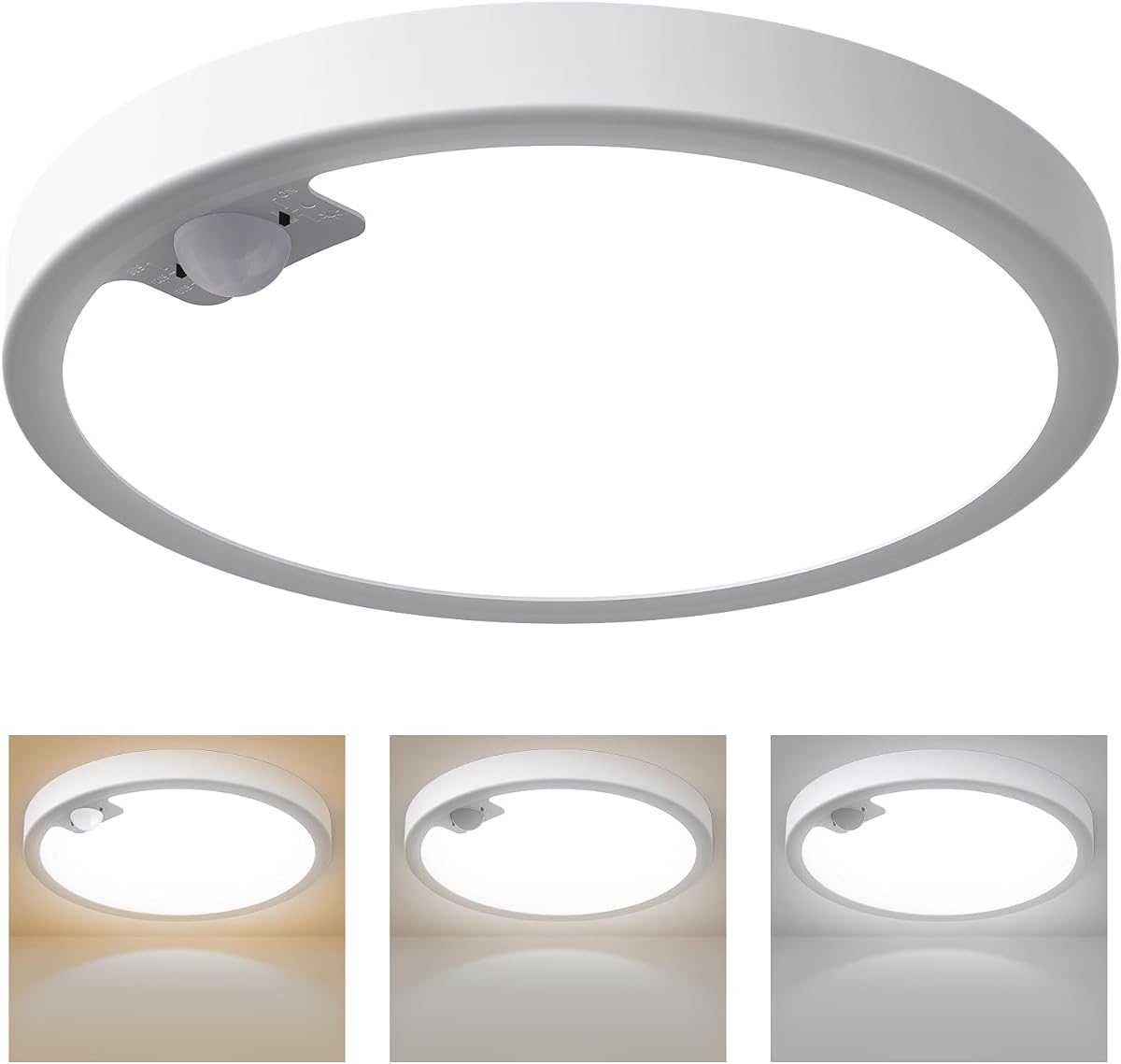 KEPLUG Lámpara de techo con sensor de movimiento con cable, luz con sensor de movimiento para interiores | 18W/1500LM, Luces de Armario Luz de Ducha con Sensor de Movimiento para Baño Pasillo Escalera Despensa Porche Garaje 3 Temperatura de Color