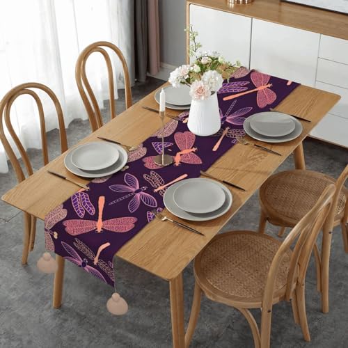 Chemin de table libellule violette avec pompons chics pour décoration de maison