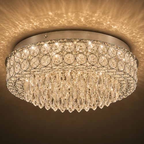 Image of Modern Crystal Ceiling Light | 63W LED Chandelier /Jhoomer | Stainless Steel Pendant Lighting Fixture | 13 Inch | Warm White | Living Room, Hall, Bedroom & Dining Room