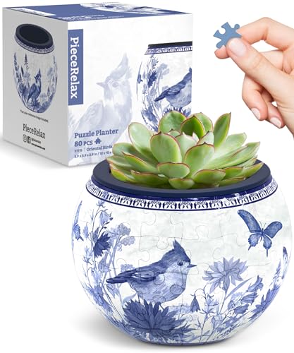 Image of PieceRelax 3D Puzzle Planter 80 Pieces - Flower Pot - Oriental Birds and Flowers, for Mom, Home Decor Flower Pots for Indoor Cactus, Succulents Pots [K1115]