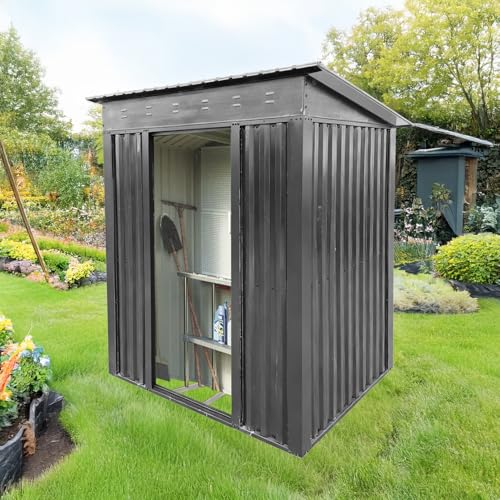 Outdoor Storage Shed with Sliding Door, Pent Roof - All-Weather Garden Utility Tool House for Backyard, Patio, Lawn, Bike Storage (Grey, 6 wide*4 depth)