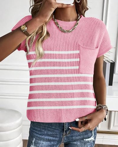 KIRUNDO Summer Fall Short Sleeve Sweater for Women 2026 Casual Sweater Vest Cotton Knit Pullover Tank Tops Fashion Clothing(Striped Pink, Small) — view 3