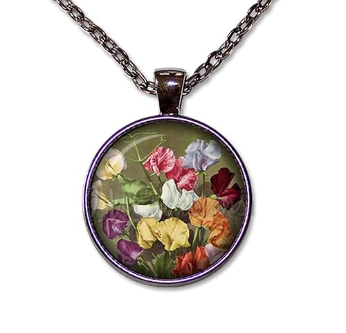 Miniatura 7 de Sweet Pea Vintage Lathyrus odoratus Flower - Handmade ROUND Glass Pendant Necklace Jewelry (18, Antique Bronze)