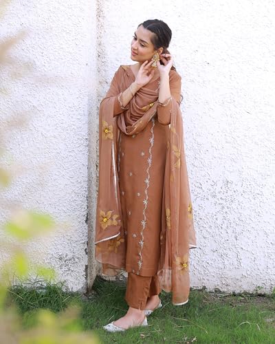 Image of GoSriKi Women's Cotton Embroidered Straight Kurta Set - Coffee Brown | Stylish Ethnic Wear for Women | Office & Festive Use