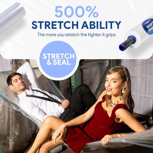 Image of International Plastics Co. 12 Pack 15 inch Plastic Stretch Film Wrap with Extended Tension Handles 1200ft Each 500% Stretch Clear Cling Durable Adhering Packing Moving Heavy Duty Pallet Shrink