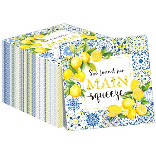 40Pcs Tiles Lemon Paper Napkins She Found Her Main Squeeze Pattern Theme Party Supplies Tableware Blue and White Porcelain Lemon Dinner Napkins for Theme Party Decorations,6.5" x 6.5"