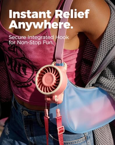 Image of Diveblues Portable Turbo Fan, Pink Travel Fan, Wearable Neck Fan | Small High Speed Handheld, 180 Foldable 4-in-1, Personal Neck Fan with Carabiner Clip, 100 Speed Stepless Control