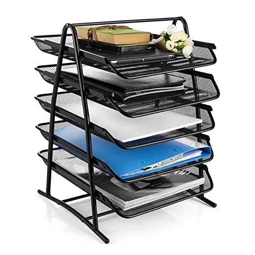 Sponsored Ad - Qatalitic 5 Tier Mesh Metal Desk Organiser File, Rack Letter Tray, A4 Papers, Documents Holder Desk Organizer with slidable compartments for Office-Black