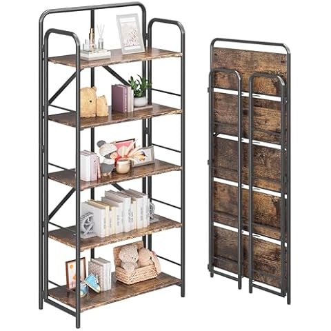 4NM No Assembly Folding Bookshelf, 5 Tier Vintage Industrial Book Shelf,Metal Foldable Storage Bookcase and Bookshelves for Living Room,Bedroom and Kitchen - Rustic Brown Cover