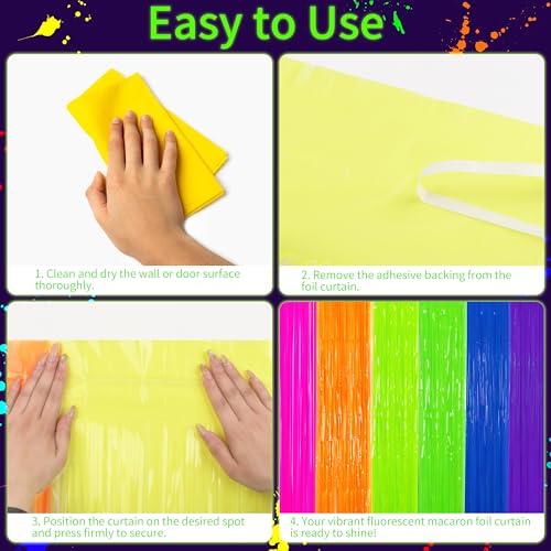 Image of Glow in The Dark Tinsel Curtains 2 Pack - 3.3x6.6ft UV Reactive Fluorescent Party Backdrop for Neon, Birthday, Pride Decorations, Pre-Taped, Lightweight Waterproof