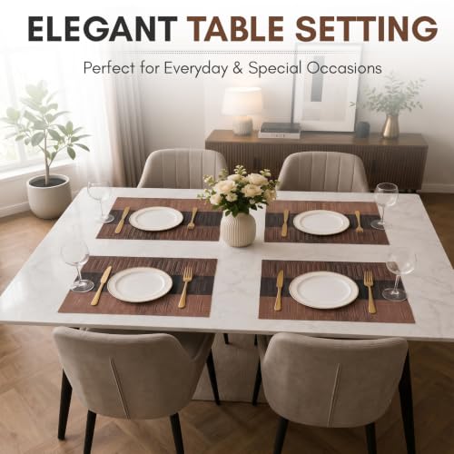 Image of Solitude Set of 6 Dining Table Placemats | Non-Slip PVC Table Mats, Heat Resistant, Washable, Stain-Resistant Surface, (Brown & Black, 45 x 30 cm)
