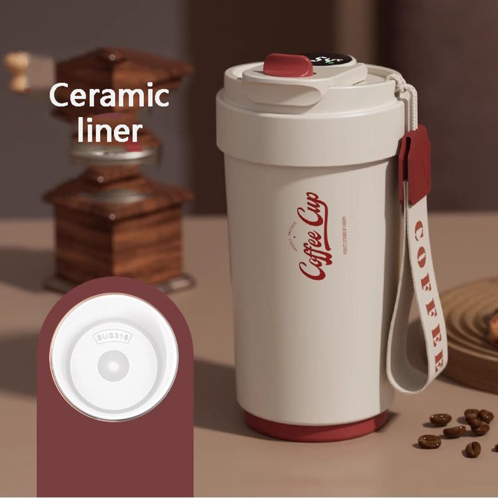 Kubek podróżny 450 ml kubek termiczny ze stali nierdzewnej szczelna pokrywka czerwony, biały, czerwony i biały, czarny ceramiczny wkład, z linką do noszenia, z klamrą blokującą do zimnych