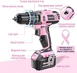 WORKPRO Pink Cordless 20V Lithium-ion Drill Driver Set, 1 Battery, Charger and Storage Bag Included - Pink Ribbon
