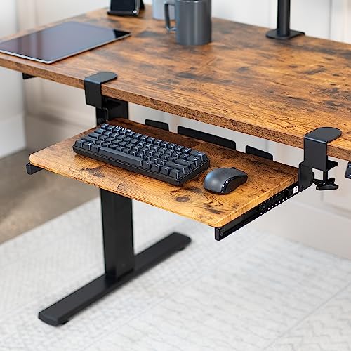 Image of VIVO Small Keyboard Tray, Under Desk Pull Out with Extra Sturdy C Clamp Mount System, 20 (26 with Clamps) x 11 inch Slide-Out Platform Drawer, Rustic Vintage Brown Top, Black Frame, MOUNT-KB05ES-N | Keyboard Tray for Typing, Slide Out Platform, Rustic, Extra Sturdy C-Clamp Mount System, Computer Drawer, Black Frame