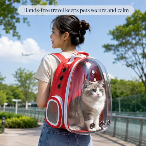 Image of Large Cat Backpack Carrier ExpandablePet Carrier Backpack for Small Medium Cats Fit Up to 18 Lbs, Foldable Puppy Backpack Carrier for Travel,Hiking (Red, Bubble)