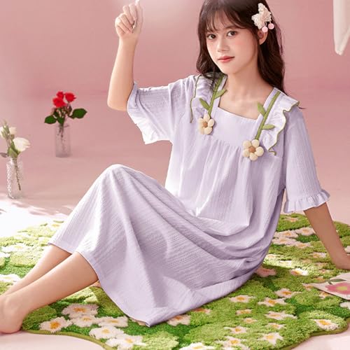 Girls Cotton Nightgowns Short Sleeve Square Neck Ruffle Dress Soft Comfy Cute Nightdress Sleepwear2