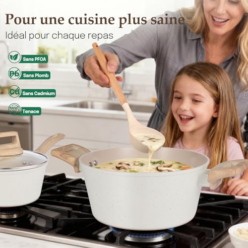 Batterie de cuisine 11 pièces en céramique antiadhésive couleur crème - Set casseroles et poêles compatible tout feux dont induction – Image 5
