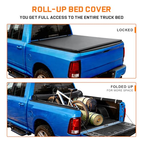 Image of RHOBRA Soft Roll-up Truck Bed Tonneau Cover Compatible with 2009-2026 Dodge Ram 1500 (Incl. Classic & New), 5.7ft Bed, 26.5oz Vinyl Soft Truck Bed Cover, Weather Resistant Bed Cover