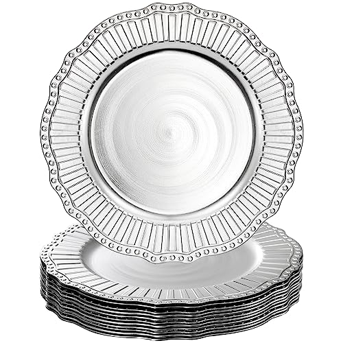 Dicunoy 12 Pack Charger Plates, 13 Inch Plastic Silver Dinner Under Plates, Round Server Ware Charger Service Base Beaded Rim, Serving Trays for Wedding, Party, Christmas Dinner