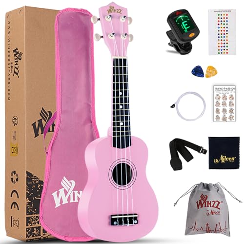 Winzz Soprano Ukulele Starter Kit for Beginners, with Bag, Clip-On Tuner, Extra Strings, Strap, Pick, Fretboard Stickers, Chord Card, Polishing Cloth