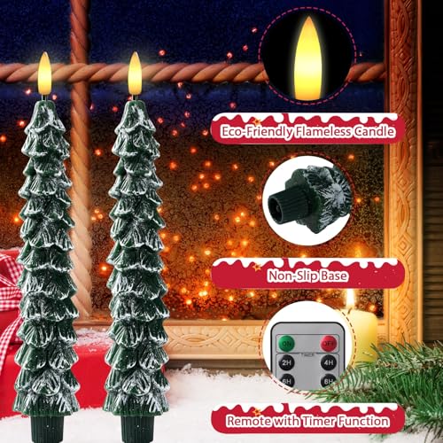Image of Flameless Christmas Tree Candles with Remote - 6 Pack Battery Operated Snowy Tree LED Candles, Realistic 3D Flickering Flame, Safe Holiday Home Decor for Christmas Decorations & Gifts