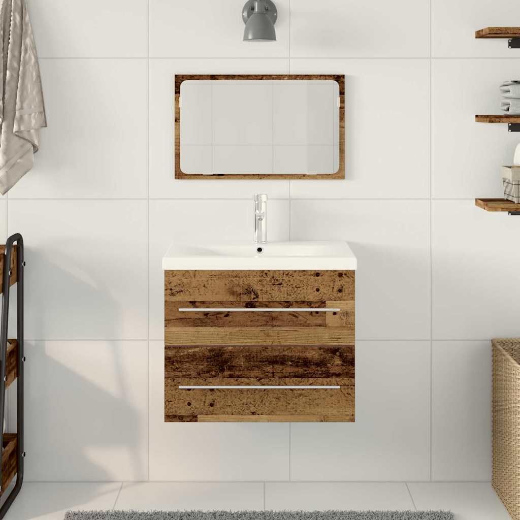 Armario de lavabo de madera vieja con lavabo de cerámica, 60 x 38,5 x 48 cm, 2 cajones, armario de baño para baño, montaje en pared, espacio de almacenamiento muebles con estante y organizador