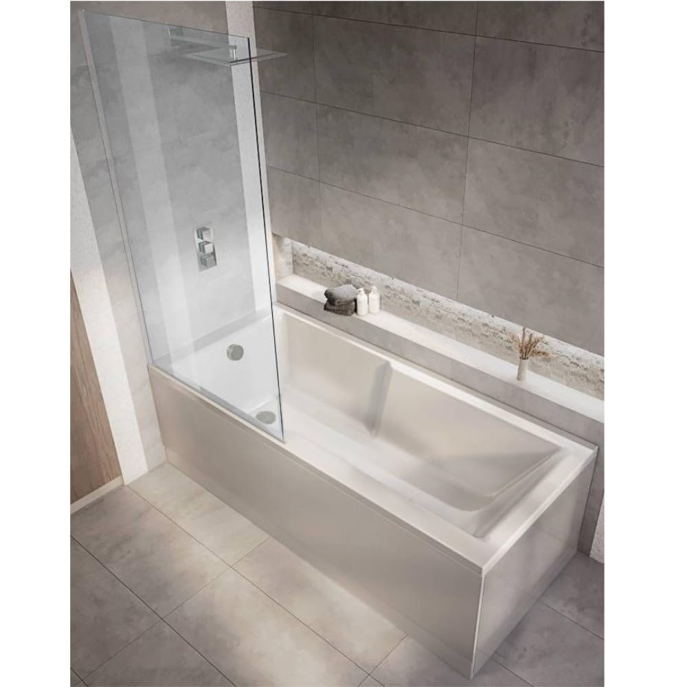 Milano Elswick White 1700mm x 750mm Single Ended Square Shower Bath Chrome Screen Side Panel