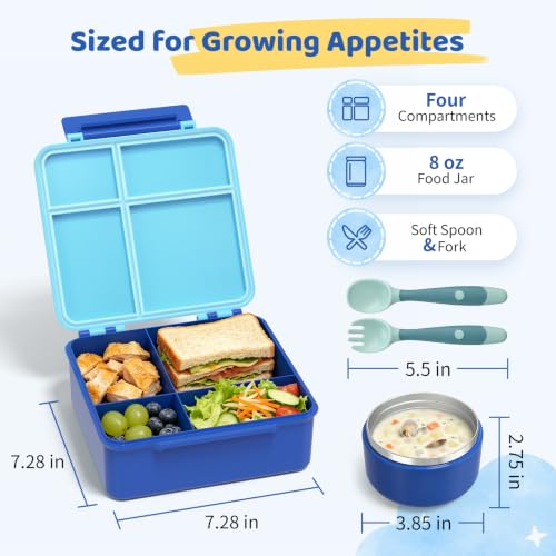 Image of Pawtong Bento Lunch Box with 8oz Soup Thermo, Kids Leakproof Lunch Food Containers with 4 Compartment, Kids Thermo Insulated Hot Food Jar for School, Trvael(Blue