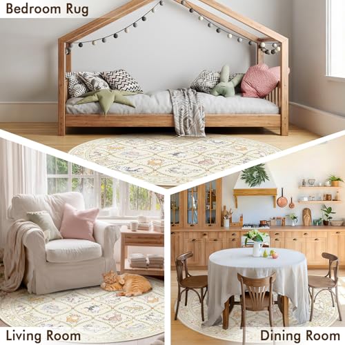 Tapete redondo beige de 4' lavable a máquina miniatura 5