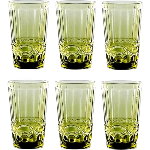 GMMH Lot de 6 verres à vin et verres à boire vintage colorés avec gaufrage en relief (nœud vert, verre à boire) - Verre à vin, à eau, à tasse, long drink, à cocktail, verre