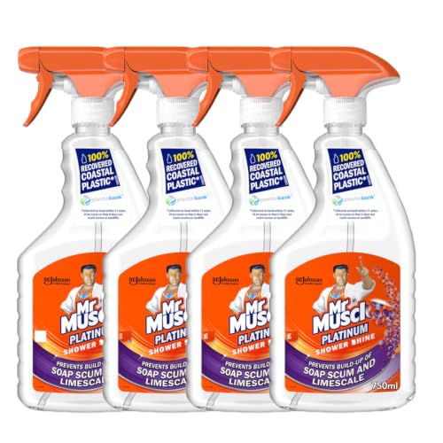 Image of Mr Muscle's Platinum Shower Shine Bathroom Cleaner 750ml Each, Daily Shower Cleaner Spray, Prevents Soap Scum & Water Marks, Fresh Fragrance, Pack of 4.