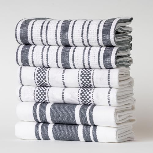 Kitchen Towels Set – Pack of 6 (20’’ x 30’’) Extra Large Premium Cotton Dish Towels for Kitchen – Absorbent – 100% Cotton – with Hanging Loop – Dark Grey Multi Design Striped