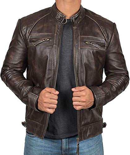 Image of fjackets Mens Leather Jacket Moto Style Real Lambskin Leather Jacket, Quilted Cafe Racer Classic Zip Up Biker Jacket for Men