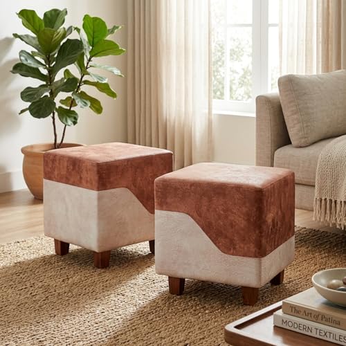 Image of APRODZ Square Printed Ottoman Stool Upholstered Foam Cushioned Pouffes for Living Room | Puffy Muddha Stool for Footrest & Sitting, Velvet Pouf Stool, Furniture for Home Decor, Office Set of 2(Beige)