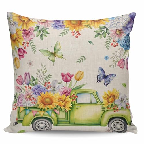 Spring Truck Floral Pillow Covers 20x20 Inch for Couch Bed Sofa, Watercolor Garden Flowers Butterflies Beige Decorative Throw Pillow Cover, Home Decor Accent Cushion Case Living Room Pillowcases