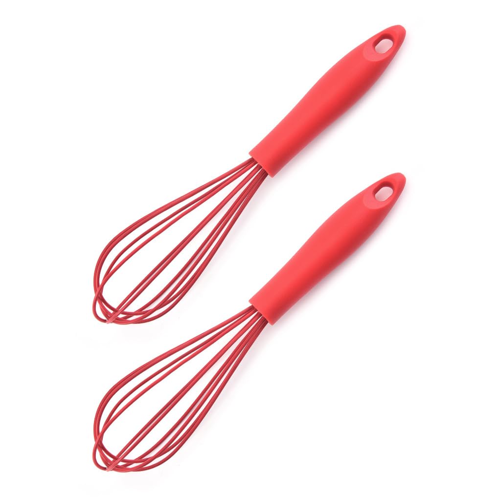 Ousyaah Silicone Whisk (2 Pack), Commercial Non-Scratch Balloon Wire Whisk for Cooking, Manual Egg Beater Milk Frother Coffee Whisks, for Blending, Whisking, Beating and Stirring (Red)