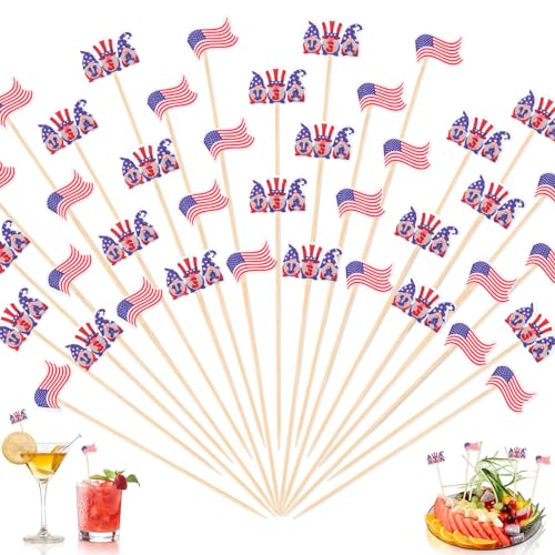 OOTSR 100Pcs 4th of July Cocktail Picks, 4.7inch Red White Blue USA Gnomes and American Flag Bamboo Food Toothpicks Cocktail Sticks for Independence Day Party Decorations