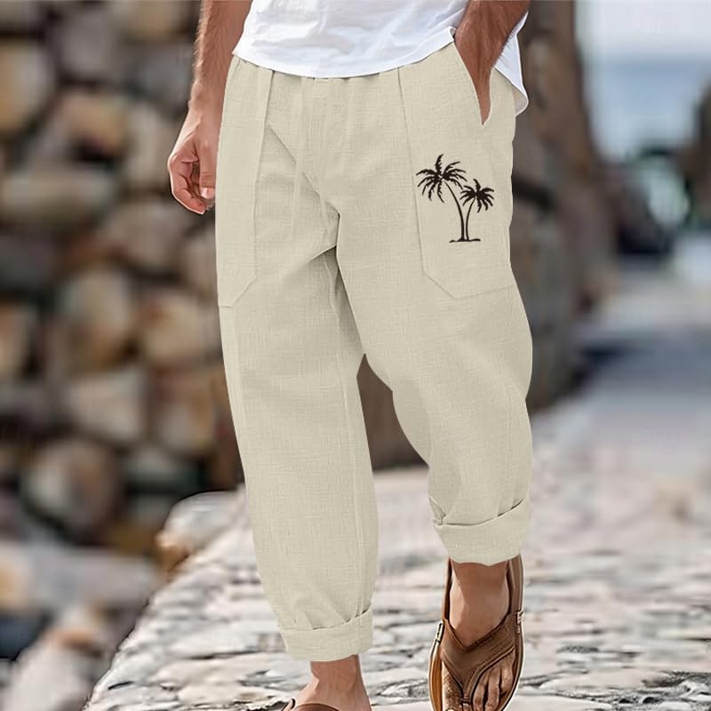 Mens Linen Pants Lightweight Beach Casual Sweatpants Loose Fit Baggy Hawaii Coconut Palm Print Casual Trousers3
