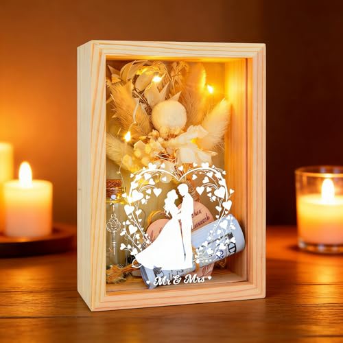 Caixa de presente para casamentos, caixa de madeira porta-dinheiro com flores secas, garrafa de vidro decorativa, coração de madeira e grinalda de luzes LED, ideia presente de casamento e aniversário