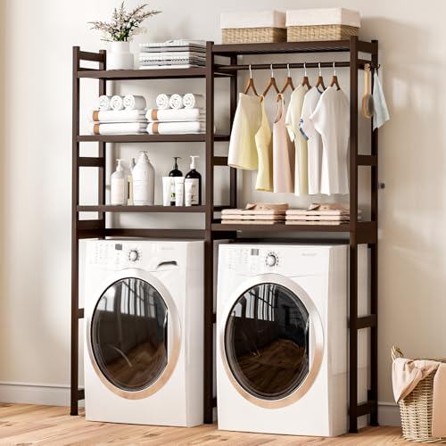 Cozivolife Over The Washer and Dryer Storage Shelf Bamboo,5 Tiers Laundry Room Drying Rack with Adjustable Shelves and 4 Hooks,Space Saver Organizer for Hanging Clothes and Towels (Brown) by Cozivolife - Image 2
