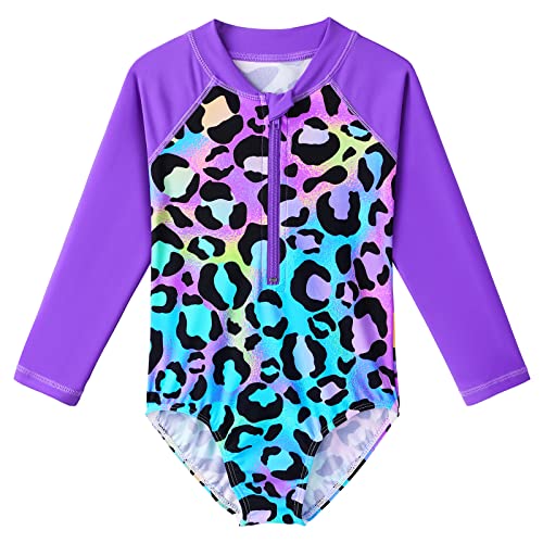 TFJH E Roupa de banho infantil para meninas com proteção UV 50+ manga comprida, zíper, Collant roxo,
